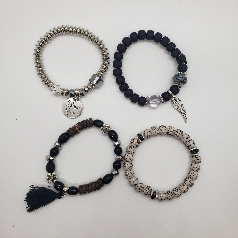 Beaded Bracelet Set With Tassel 4 Bracelet Set Black - Picture 6 of 10